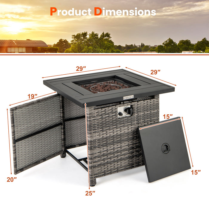 29 Inch Propane Rattan Firepit Table with Lava Rocks and Protective Cover-Gray