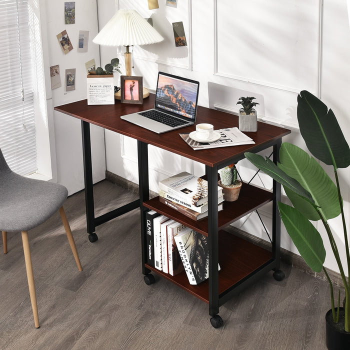 Rolling Folding Computer Desk with Storage Shelves