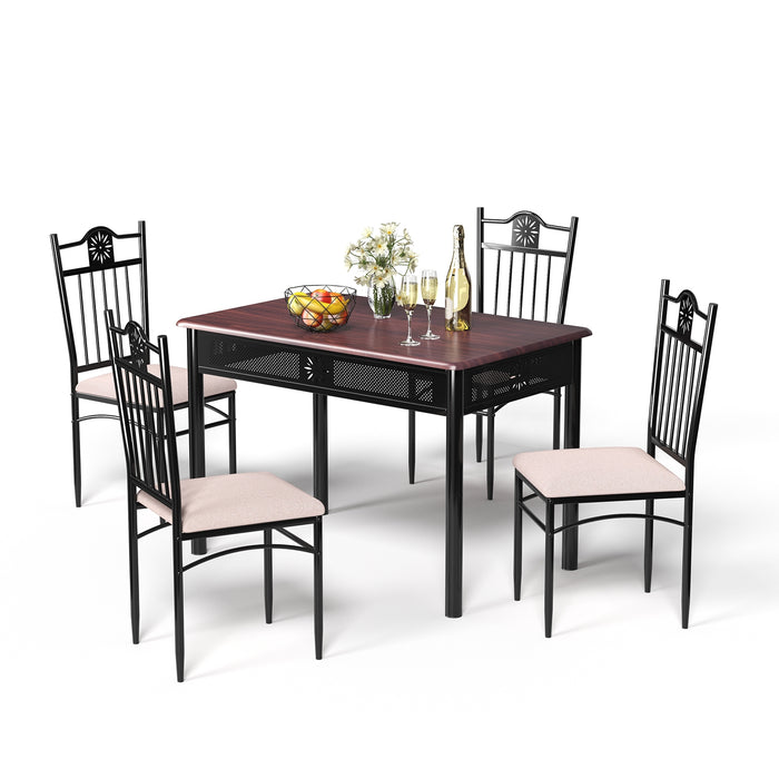 5 Pcs Dining Set Wood Metal Table and 4 Chairs with Cushions