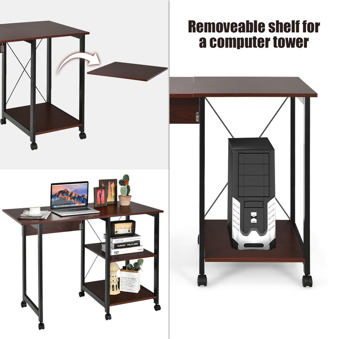 Rolling Folding Computer Desk with Storage Shelves