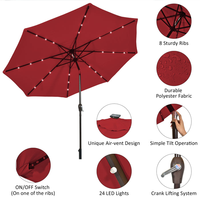 10' Solar LED Lighted Patio Market Umbrella Shade Tilt Adjustment Crank-Dark Red