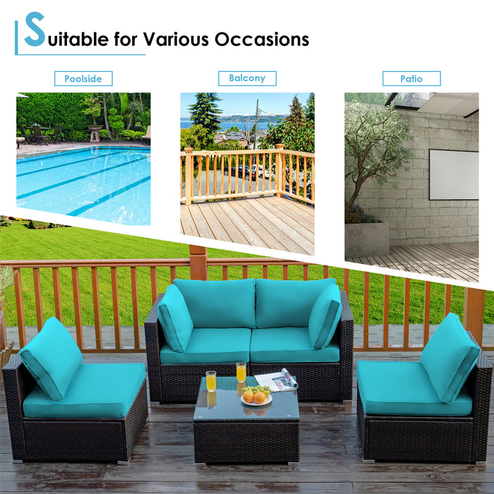 5 Pieces Cushioned Patio Rattan Furniture Set with Glass Table-Turquoise