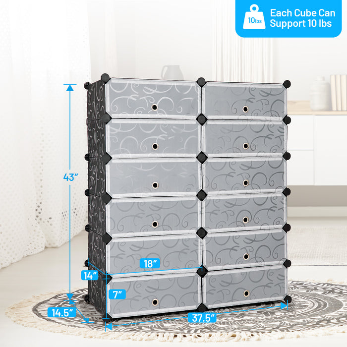 12-Cube DIY Portable Plastic Shoe Rack with Transparent Doors-Black