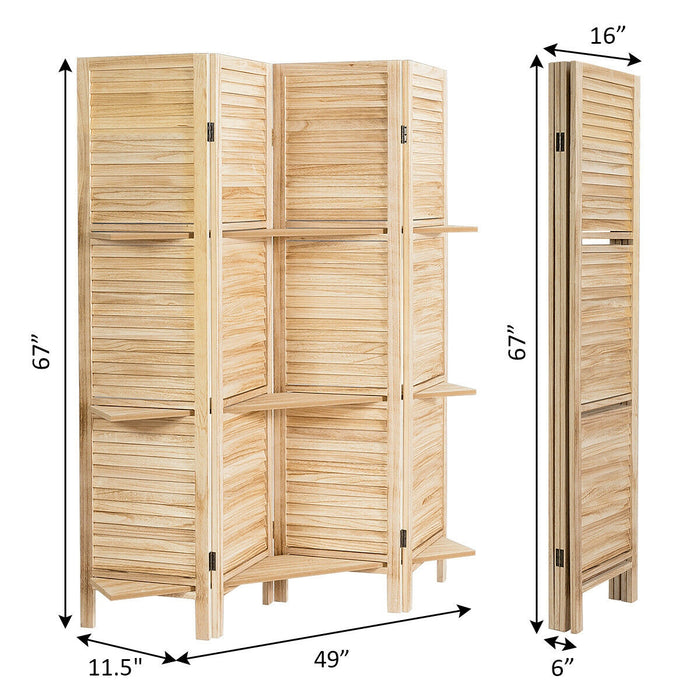 4 Panel Folding Room Divider Screen with 3 Display Shelves-Brown