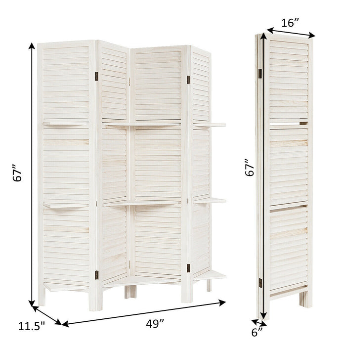 4 Panel Folding Room Divider Screen with 3 Display Shelves-White