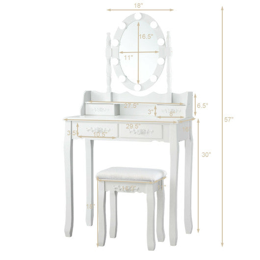 Makeup Dressing Table with Touch Switch Lighted Mirror and Cushioned Stool-White