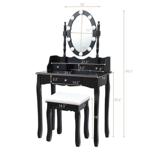 Oval Mirror Vanity Set  with 10 LED Dimmable Bulbs and 3 Drawers-Black