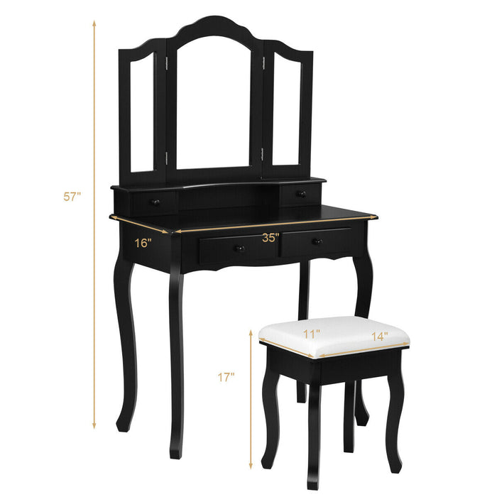 4 Drawers Wood Mirrored Vanity Dressing Table with Stool-Black