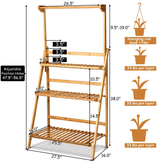 3 Tiers Bamboo Hanging Folding Plant Shelf Stand