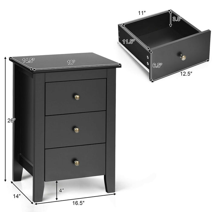 2 pcs Nightstand End Beside Table Drawers-Black