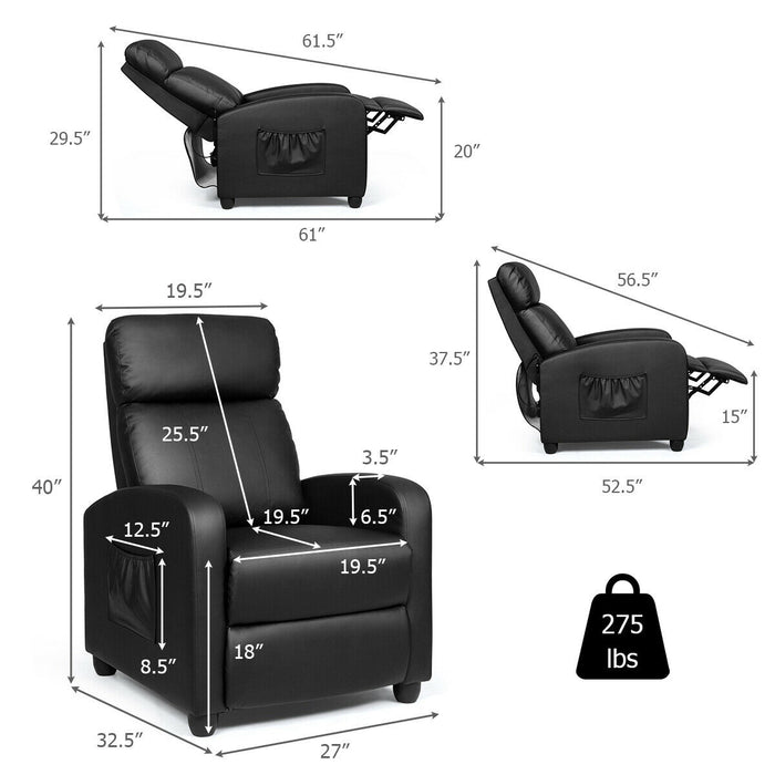 Recliner Massage Winback Single Chair with Side Pocket-Black