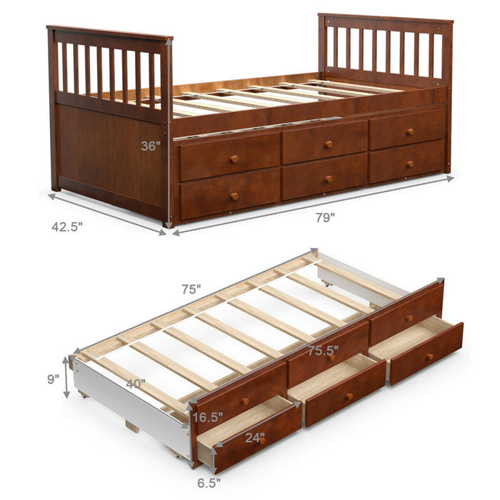 Twin Captainâ€™s Bed with Trundle and 3 Storage Drawers-Walnut