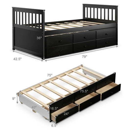 Twin Captainâ€™s Bed with Trundle and 3 Storage Drawers-Dark Brown