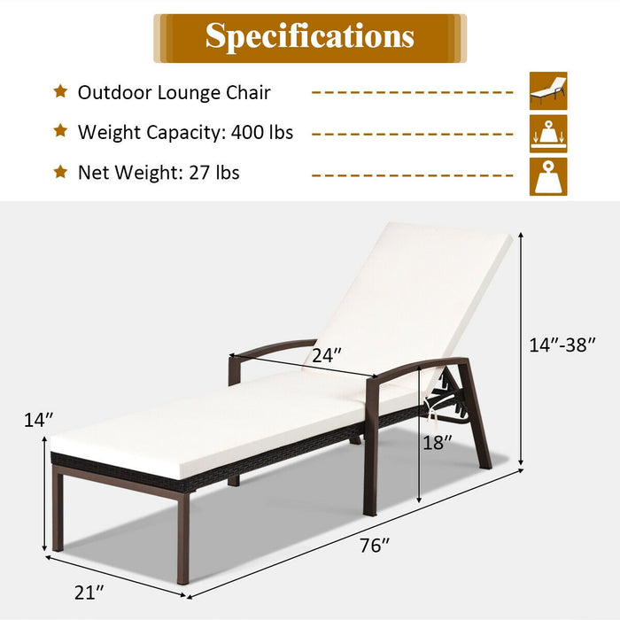 Patio Rattan Lounge Chaise Recliner with Back Adjustable Cushioned-White