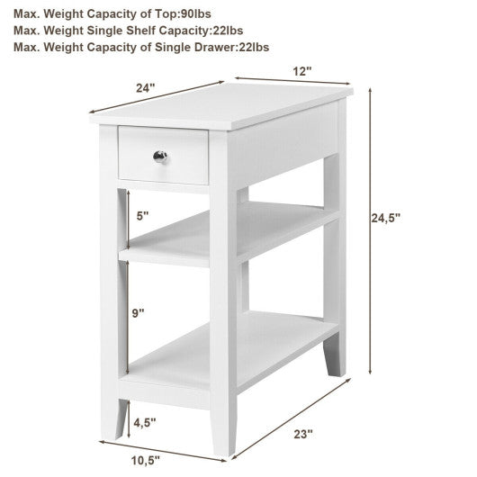 3-Tier Nightstand Bedside Table Sofa Side with Double Shelves Drawer-White