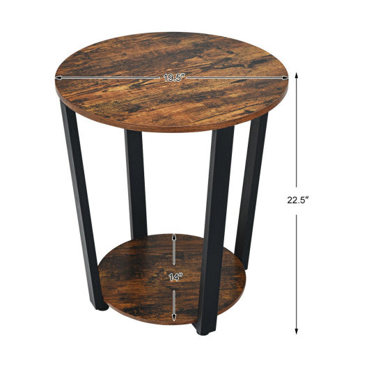 2-tier Round End Table with Storage Shelf and Metal Frame-Brown