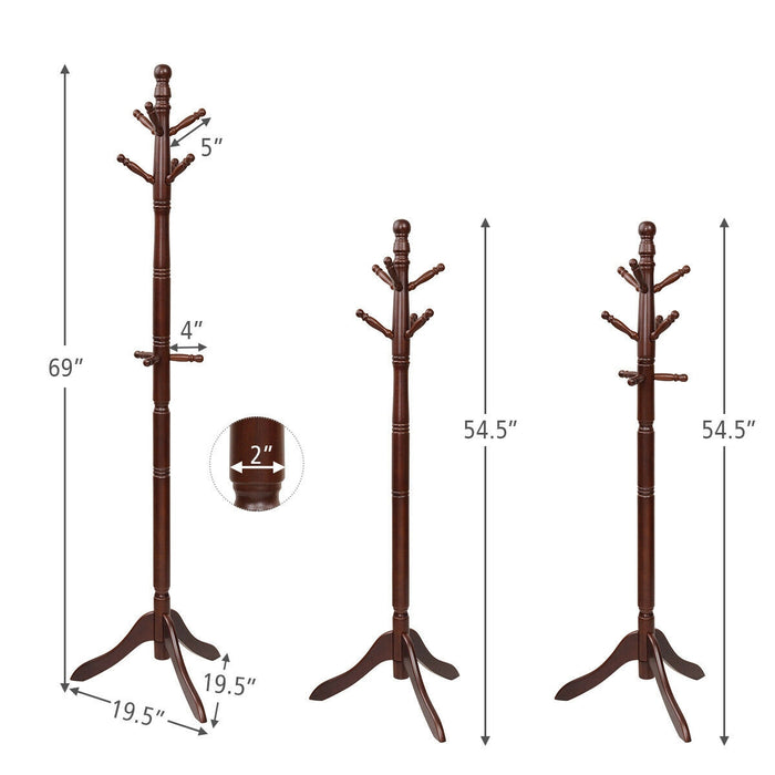 Entryway Height Adjustable Coat Stand with 9 Hooks-Brown