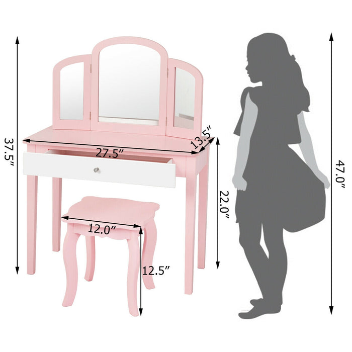 Kids Princess Make Up Dressing Table with Tri-folding Mirror and Chair-Pink