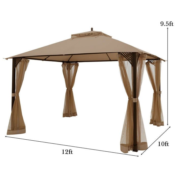 12 x 10 Feet Outdoor Double Top Patio Gazebo with Netting-Brown