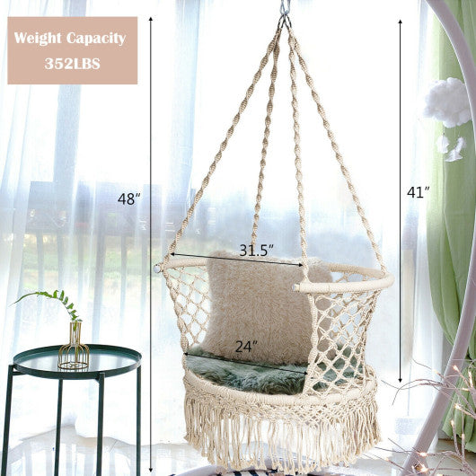 Hanging Hammock Chair with 330 Pounds Capacity and Cotton Rope Handwoven Tassels Design-Beige