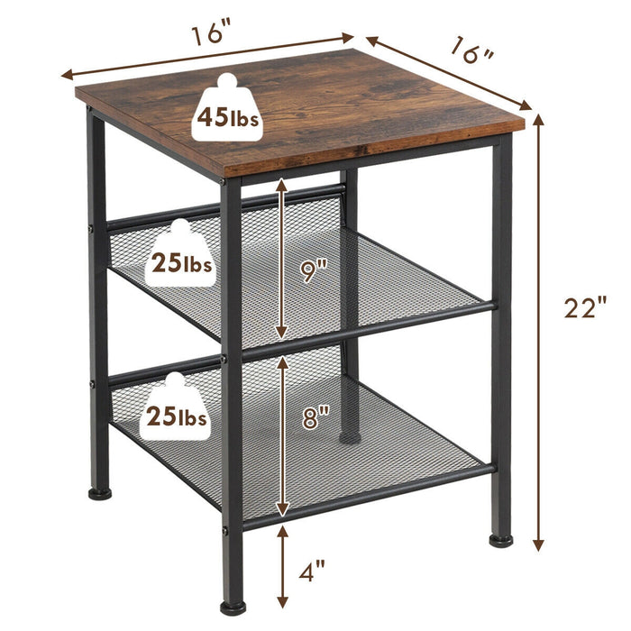 3-Tier Industrial End Table with Mesh Shelves and Adjustable Shelves