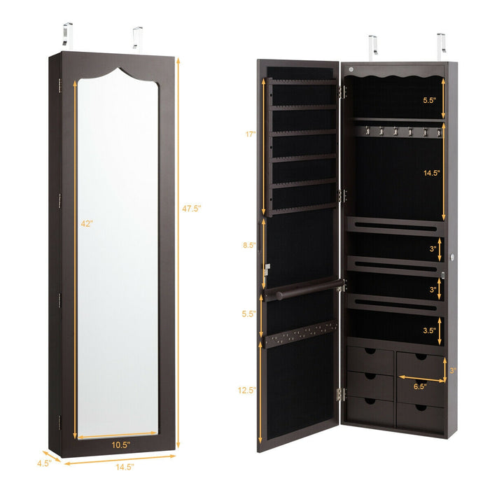 5 LEDs Lockable Mirror Jewelry Cabinet Armoire with 6 Drawers-Brown