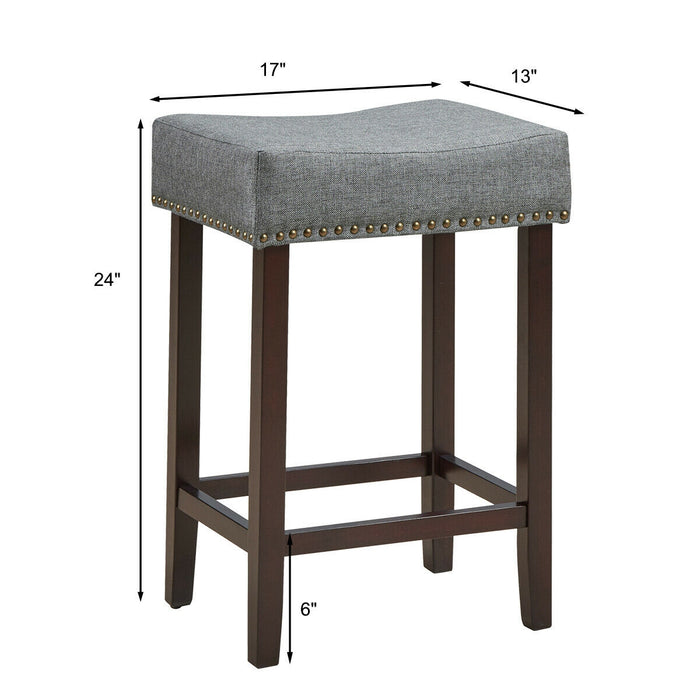 2 Pieces Nailhead Saddle Bar Stools with Fabric Seat and Wood Legs-Gray