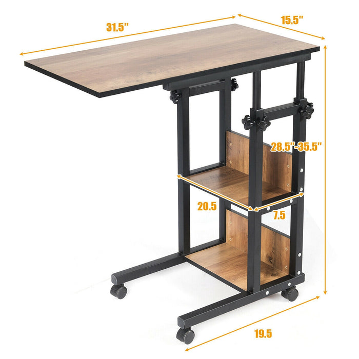 C-Shape Mobile Snack End Table with Storage Shelves