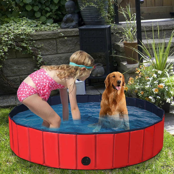 63 Inch Foldable Leakproof Dog Pet Pool Bathing Tub Kiddie Pool for Dogs Cats and Kids-Red