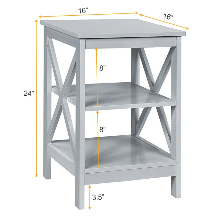 3-Tier Nightstand End Table with X Design Storage -Gray