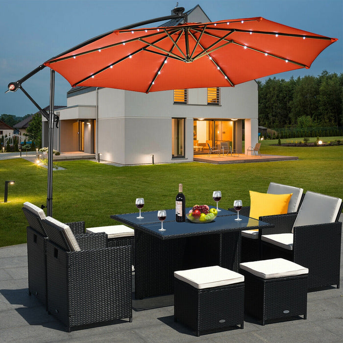 10 Inch Patio Hanging Solar LED Umbrella Sun Shade with Cross Base-Orange