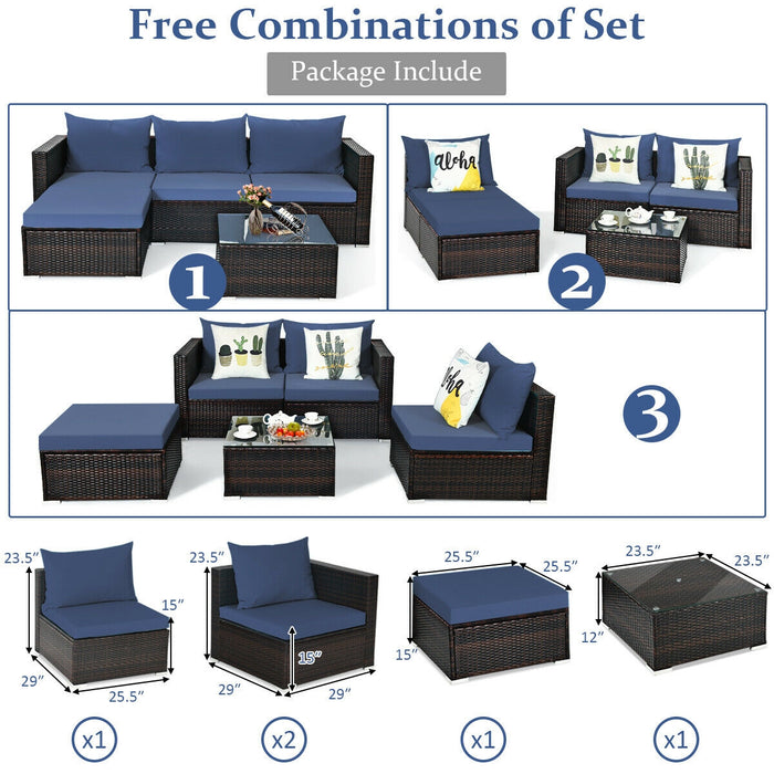 5 Pieces Patio Rattan Sectional Furniture Set with Cushions and Coffee Table -Navy