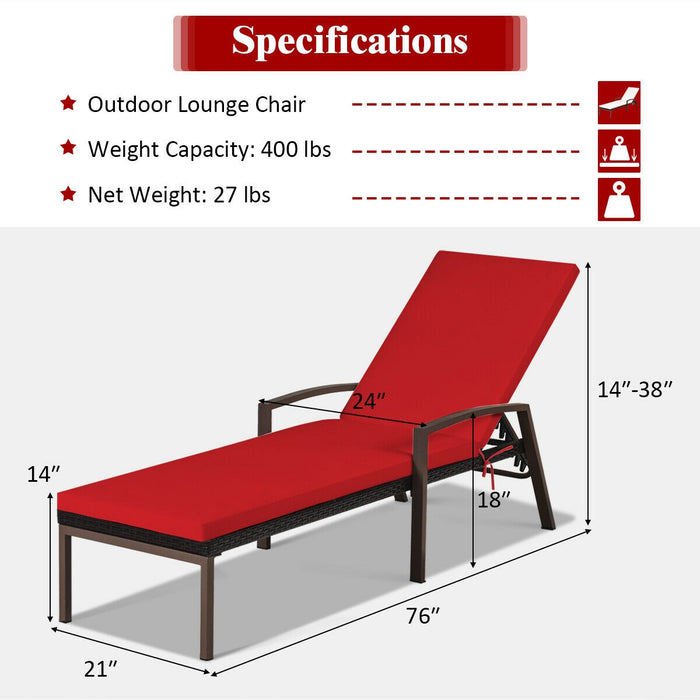 Patio Rattan Lounge Chaise Recliner with Back Adjustable Cushioned-Red