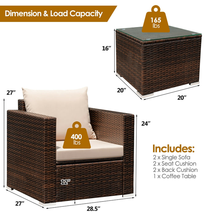 3 Pcs Patio Conversation Rattan Furniture Set with Cushion-Beige