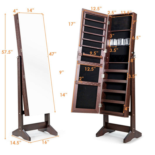 Standing Jewelry Armoire Cabinet with Full Length Mirror-Brown