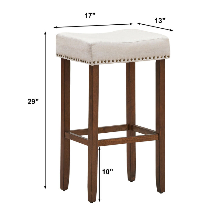 Set of 2 Nailhead Saddle Bar Stools 29 Inch Height-Beige