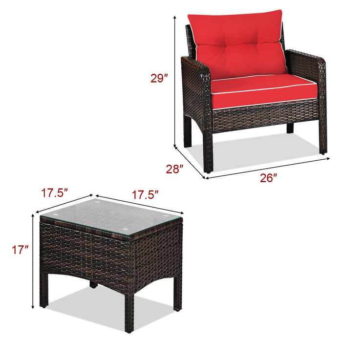 3 Pcs Outdoor Patio Rattan Conversation Set with Seat Cushions-Red