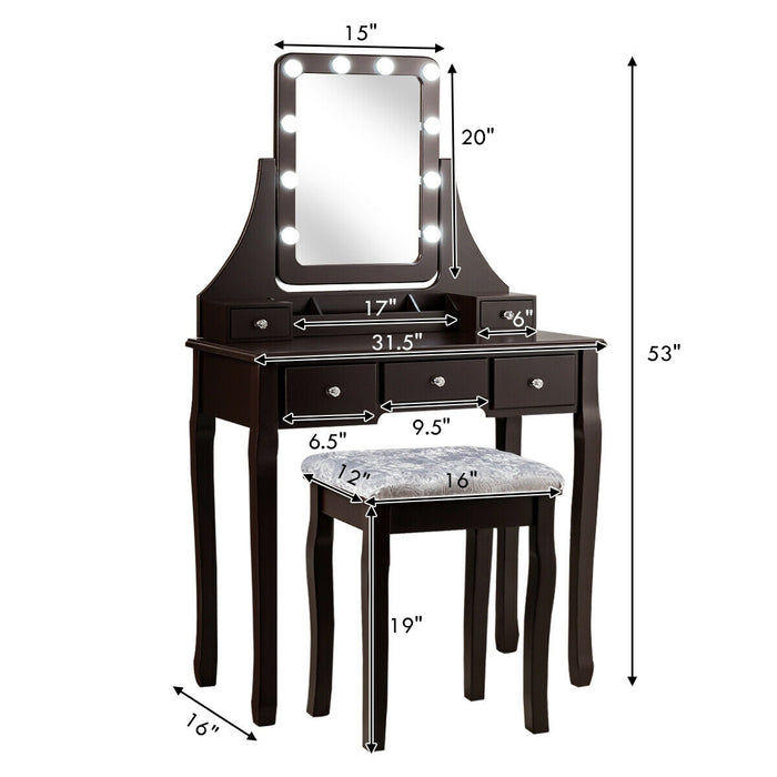 Vanity Dressing Table Set with 10 Dimmable Bulbs and Cushioned Stool-Brown