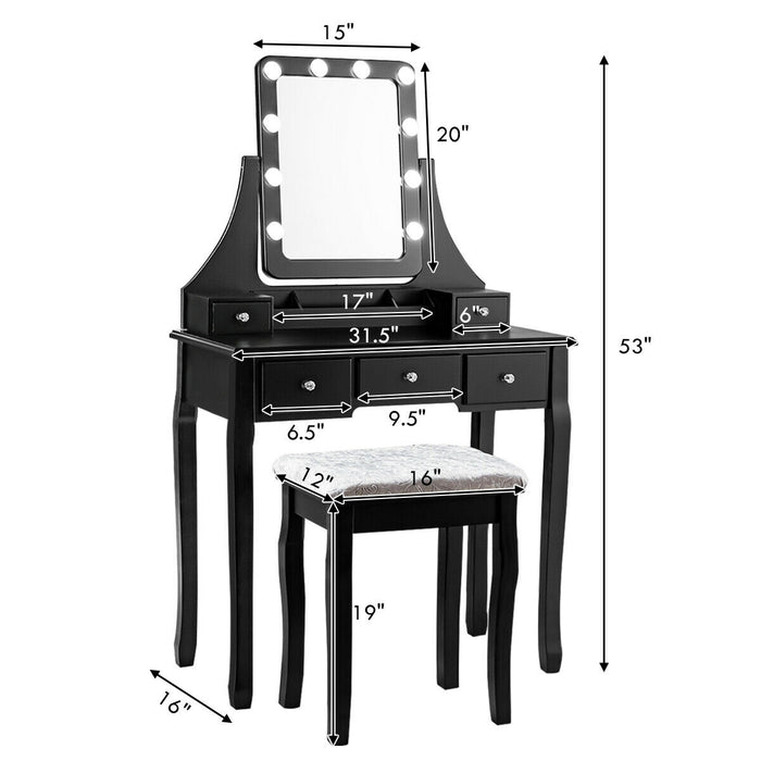 Vanity Dressing Table Set with 10 Dimmable Bulbs and Cushioned Stool-Black