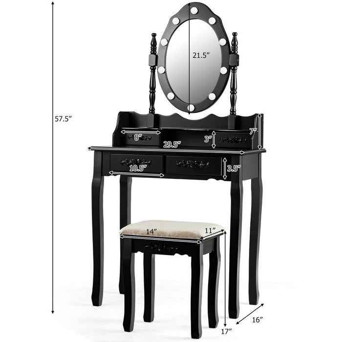 Makeup Vanity Dressing Table Set with Dimmable Bulbs Cushioned Stool-Black