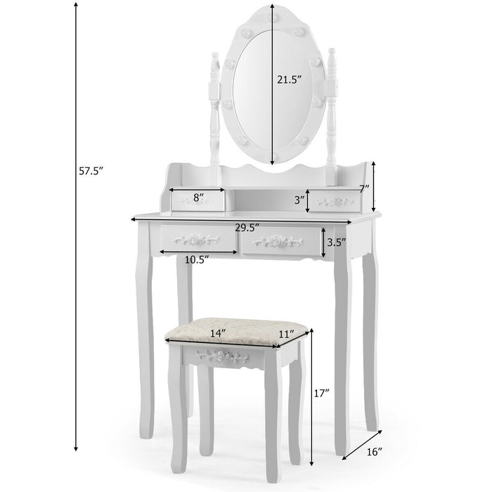 Makeup Vanity Dressing Table Set with Dimmable Bulbs Cushioned Stool-White