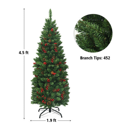 4.5 Feet Pre-lit Hinged Pencil Christmas Tree with Pine Cones Red Berries and 150 Lights