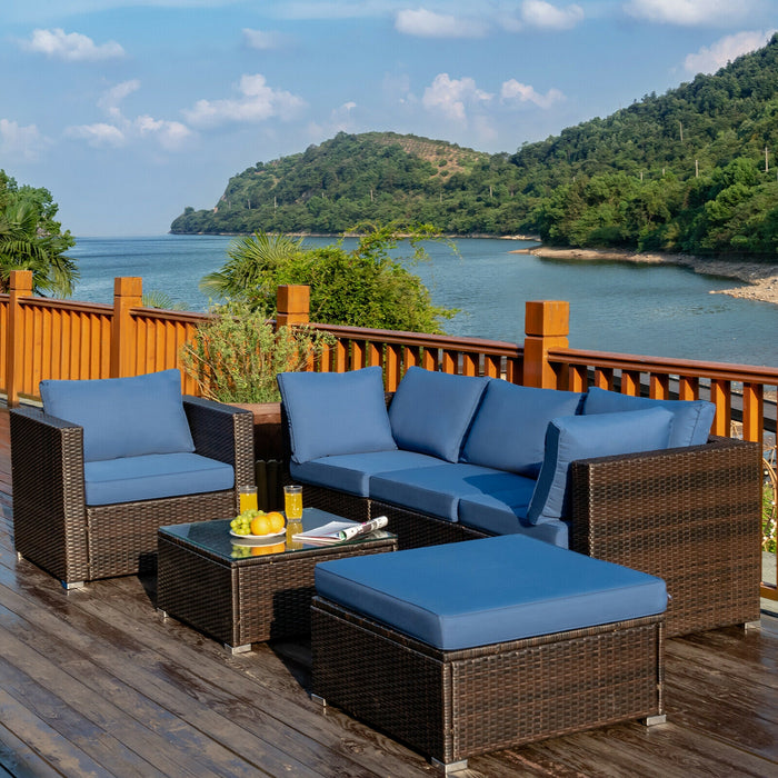 6 Pcs Patio Rattan Furniture Set with Sectional Cushion-Blue