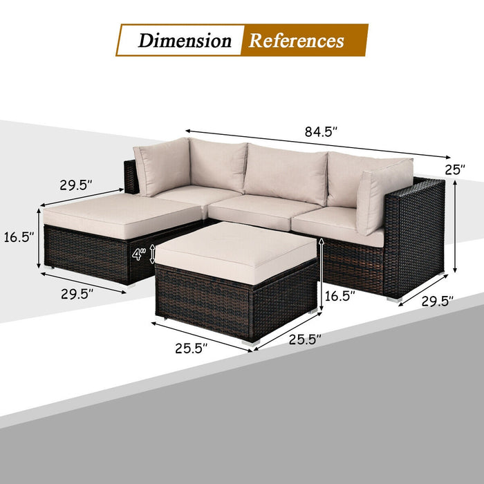 5 Pieces Patio Rattan Sofa Set with Cushion and Ottoman-Beige