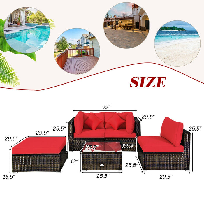 5 Pcs Outdoor Patio Rattan Furniture Set Sectional Conversation with Navy Cushions-Red