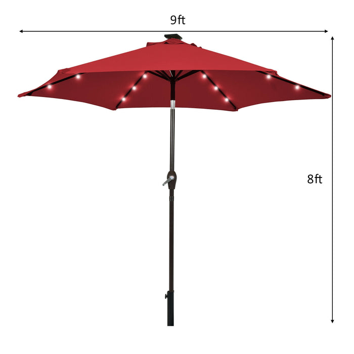 9 Feet Solar LED Lighted Patio Market Umbrella Tilt Adjustment Crank Lift-Dark Red