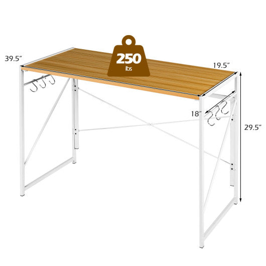 Folding Computer Desk Writing Study Desk Home Office with 6 Hooks-Natural