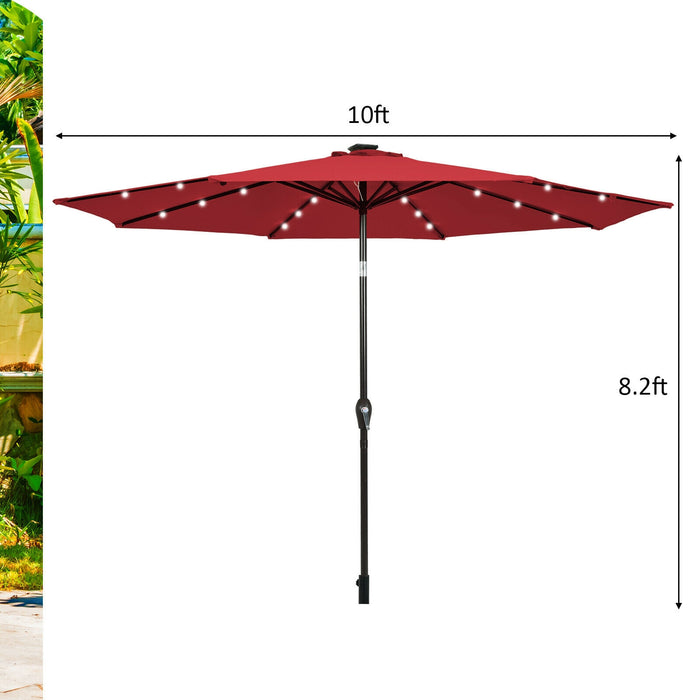 10' Solar LED Lighted Patio Market Umbrella Shade Tilt Adjustment Crank-Dark Red