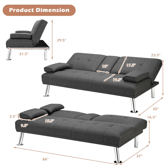 Convertible Folding Futon Sofa Bed Fabric with 2 Cup Holders-Dark Gray