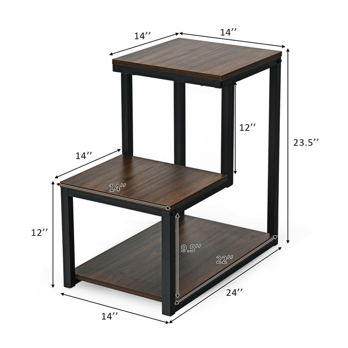 3-Tier End Table Sofa Side Table Ladder-Shaped with Storage Shelf-Brown